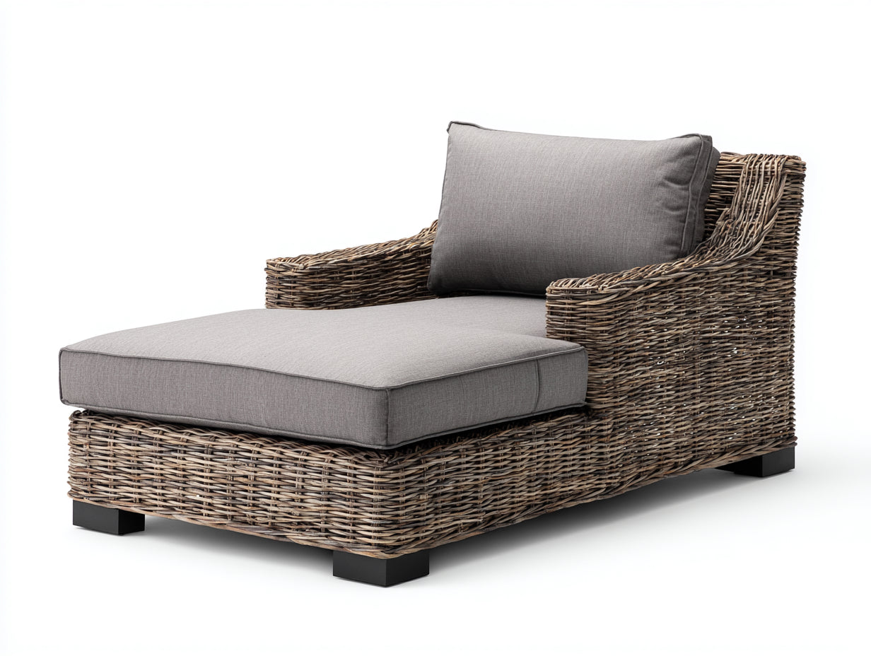 Lettino prendisole - rattan-legno-tessuto - 170 x 91 x 85 cm - grigio tortora-marrone cenere - stile contemporaneo con seduta ampia
