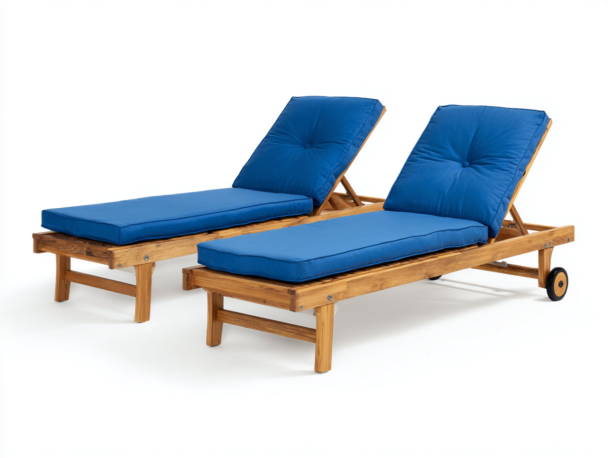 Lettino prendisole - legno massello-tessuto-metallo - 202 x 74 x 35 cm - blu reale-legno miele - stile minimalista con schienale regolabile e ruote
