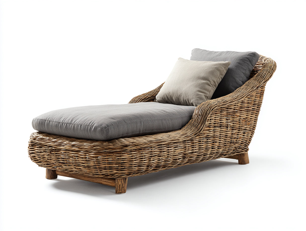 Lettino prendisole - rattan-legno-tessuto - 176 x 84 x 92 cm - grigio-marrone naturale - stile rustico con profilo curvo