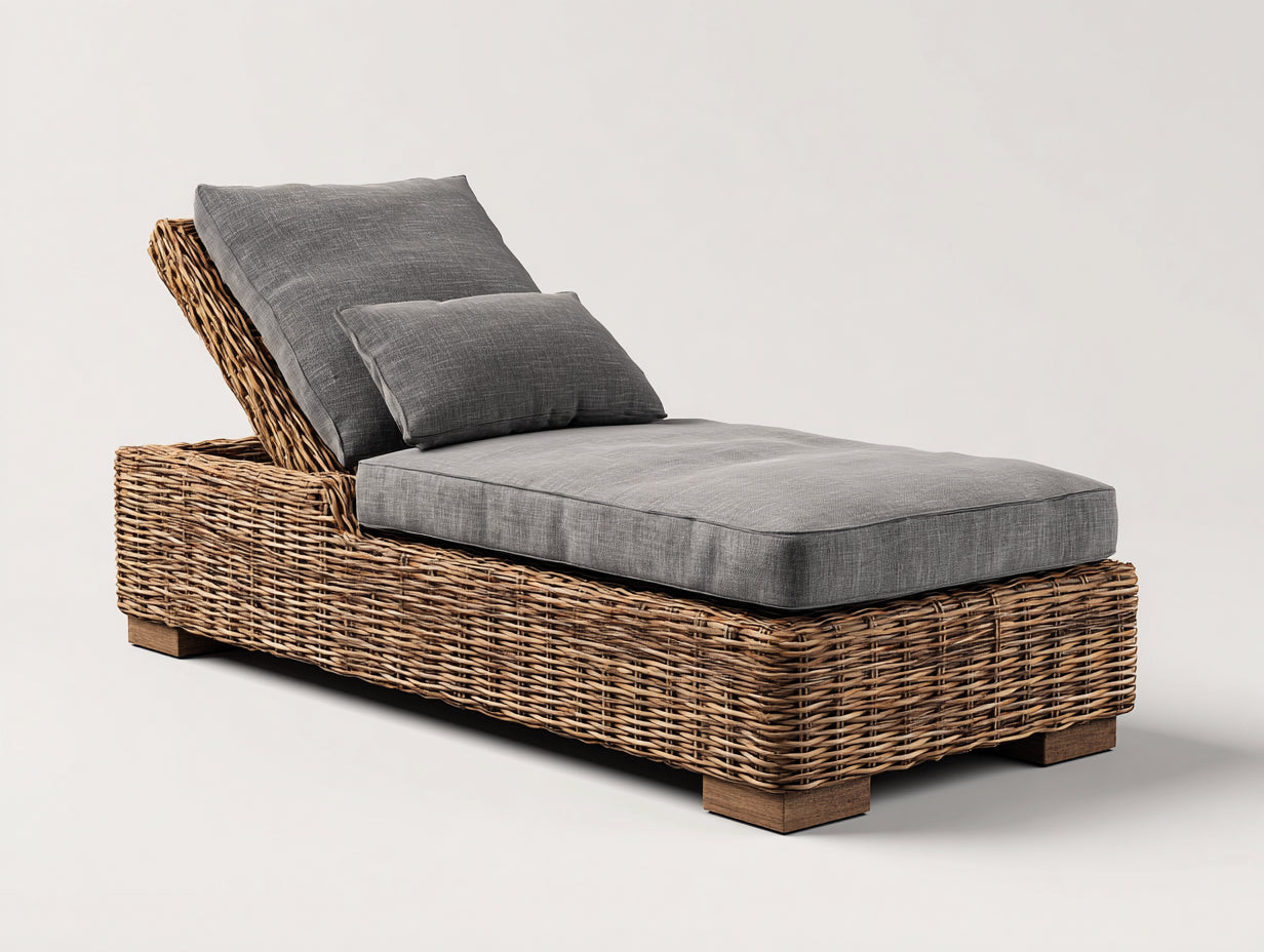 Lettino prendisole - rattan-legno-tessuto - 194 x 78 x 83 cm - grigio-marrone naturale - stile rustico con schienale regolabile