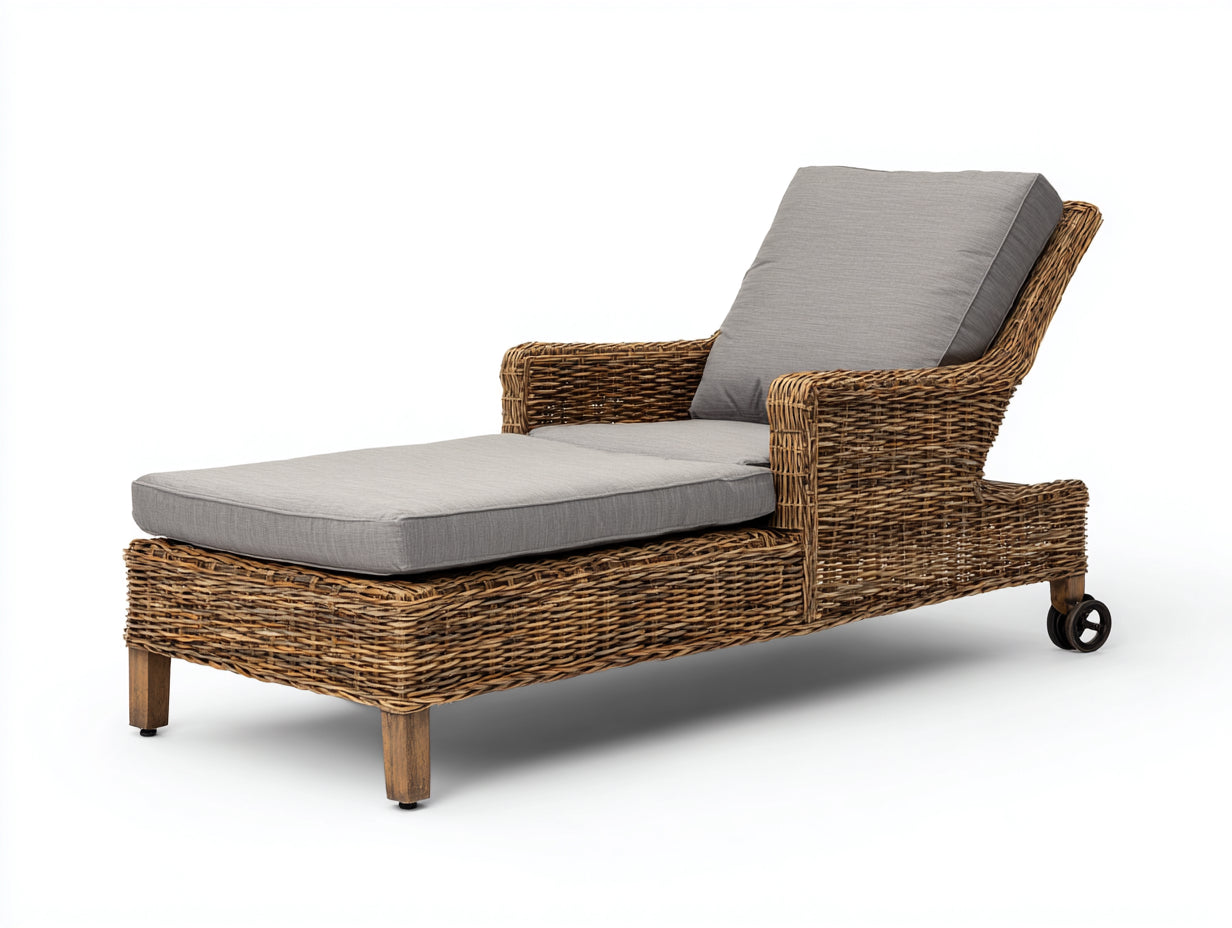 Lettino prendisole - rattan-legno-tessuto-metallo - 191 x 80 x 92 cm - grigio chiaro-marrone naturale - stile classico con ruote e schienale inclinabile