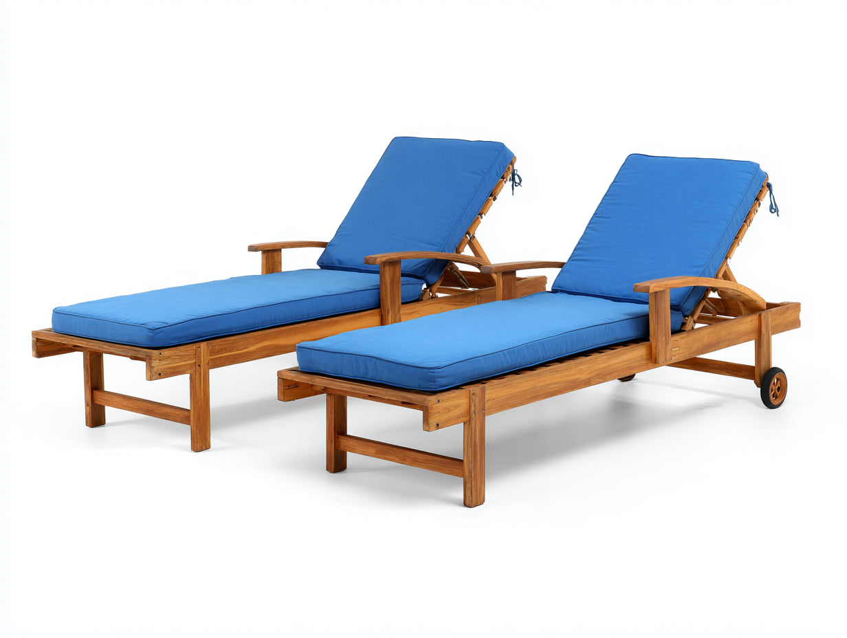 Lettino prendisole - legno massello-tessuto-metallo - 203 x 75 x 36 cm - blu intenso-legno ambrato - stile contemporaneo con ruote e schienale regolabile