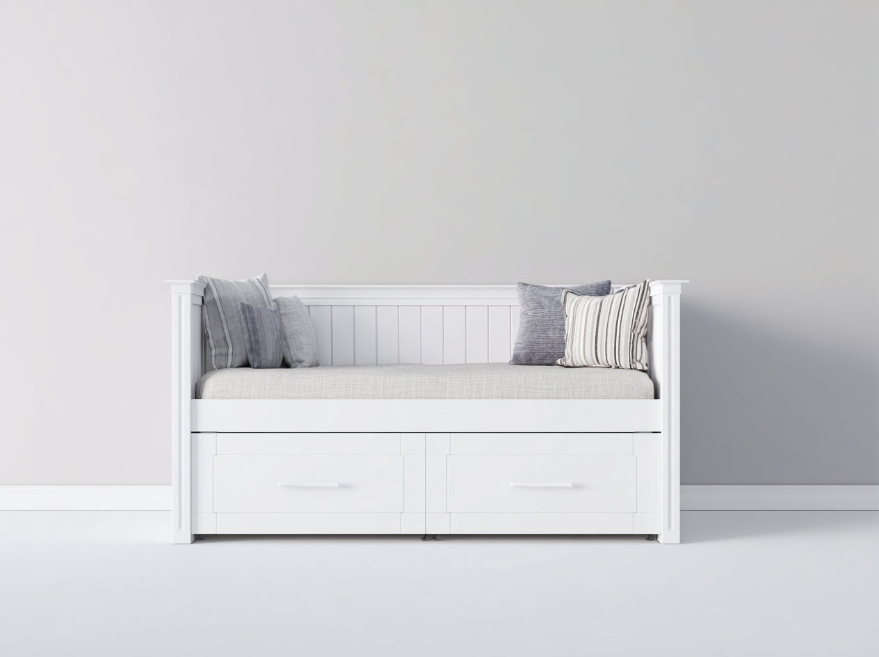 Divano letto - MDF-Legno di pino-Metallo - 205 x 97 x 92 cm - Bianco - Stile rustico con cassetti contenitore