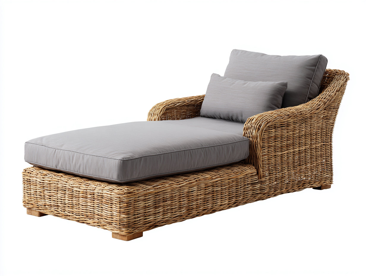 Lettino prendisole - rattan-legno-tessuto - 186 x 92 x 89 cm - grigio chiaro-marrone miele - stile mediterraneo avvolgente