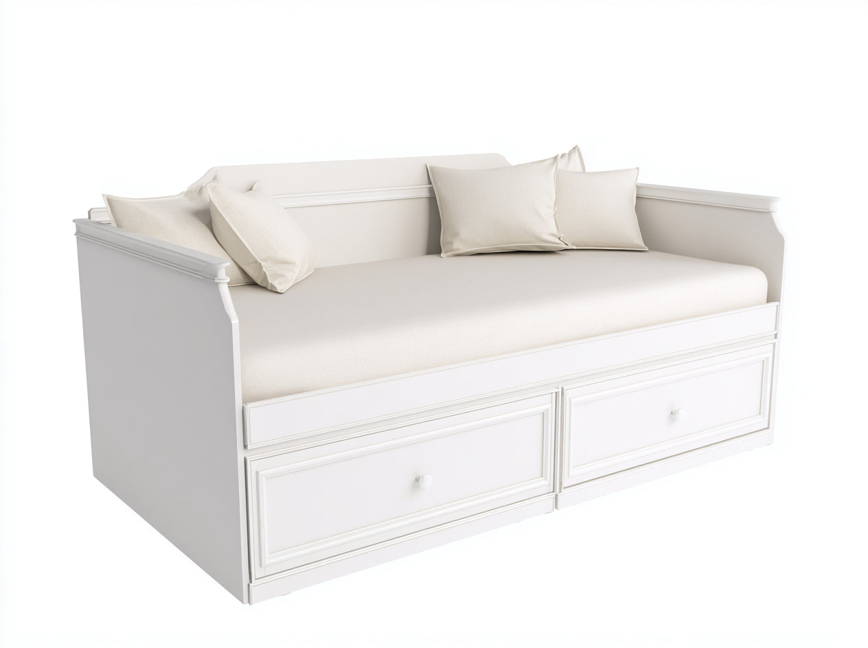 Divano letto - MDF-Legno massello-Metallo - 212 x 102 x 95 cm - Bianco - Stile classico con cassetti contenitore