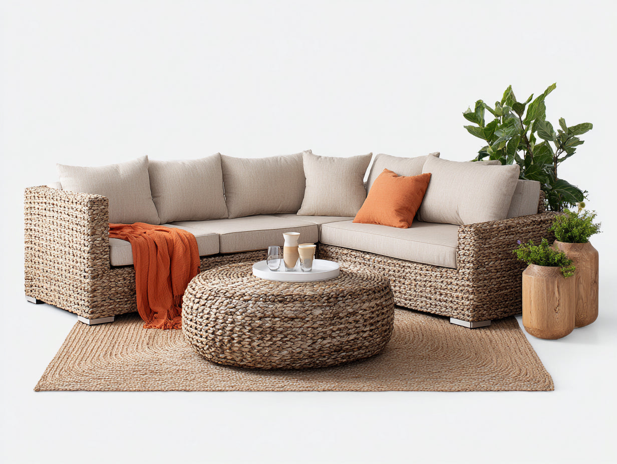 Divani da esterno - Fibra intrecciata-tessuto-metallo - 250 x 200 x 78 cm - Beige-marrone naturale - Stile boho contemporaneo