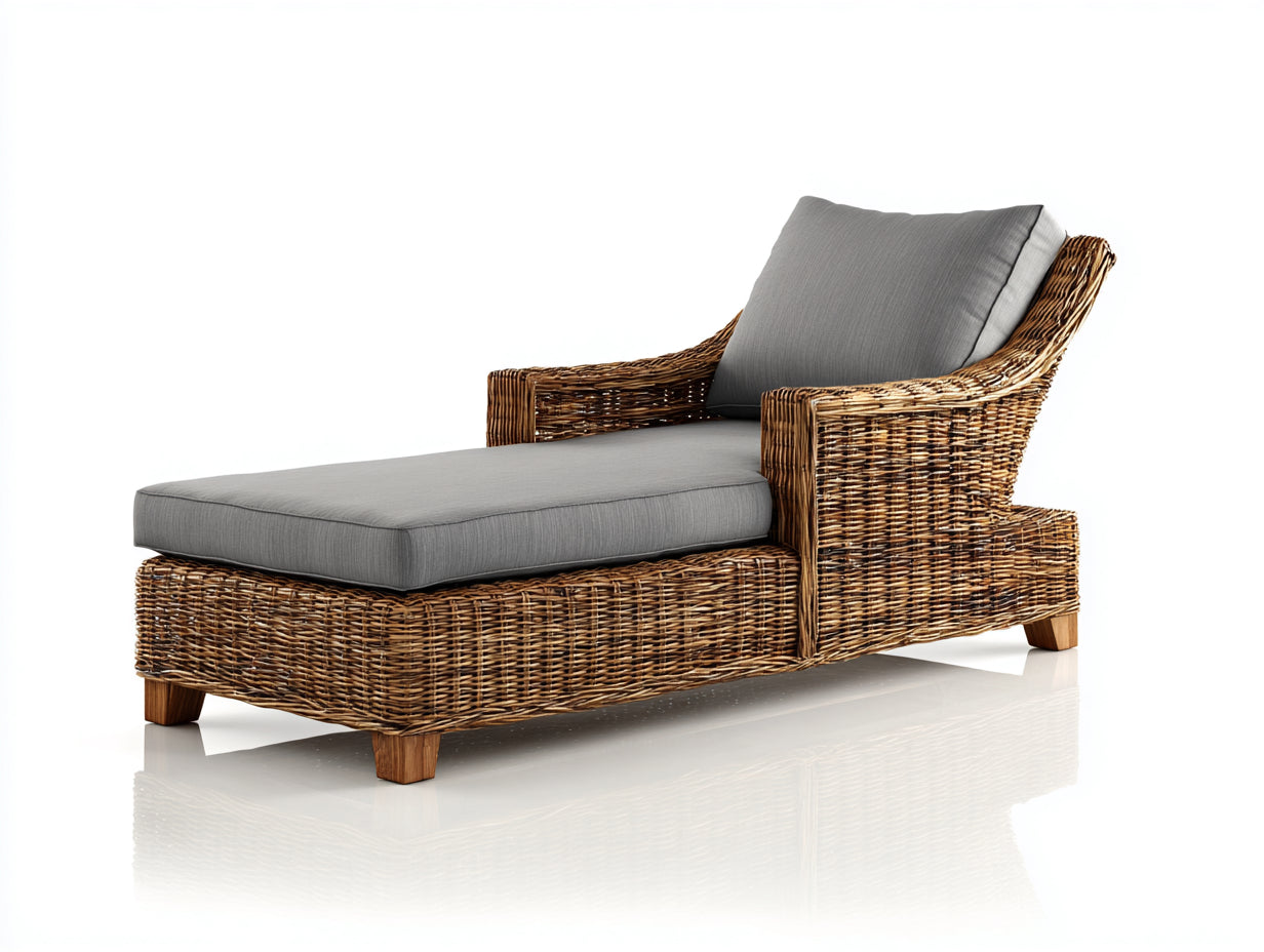 Lettino prendisole - rattan-legno-tessuto - 182 x 86 x 90 cm - grigio-marrone naturale - stile contemporaneo avvolgente