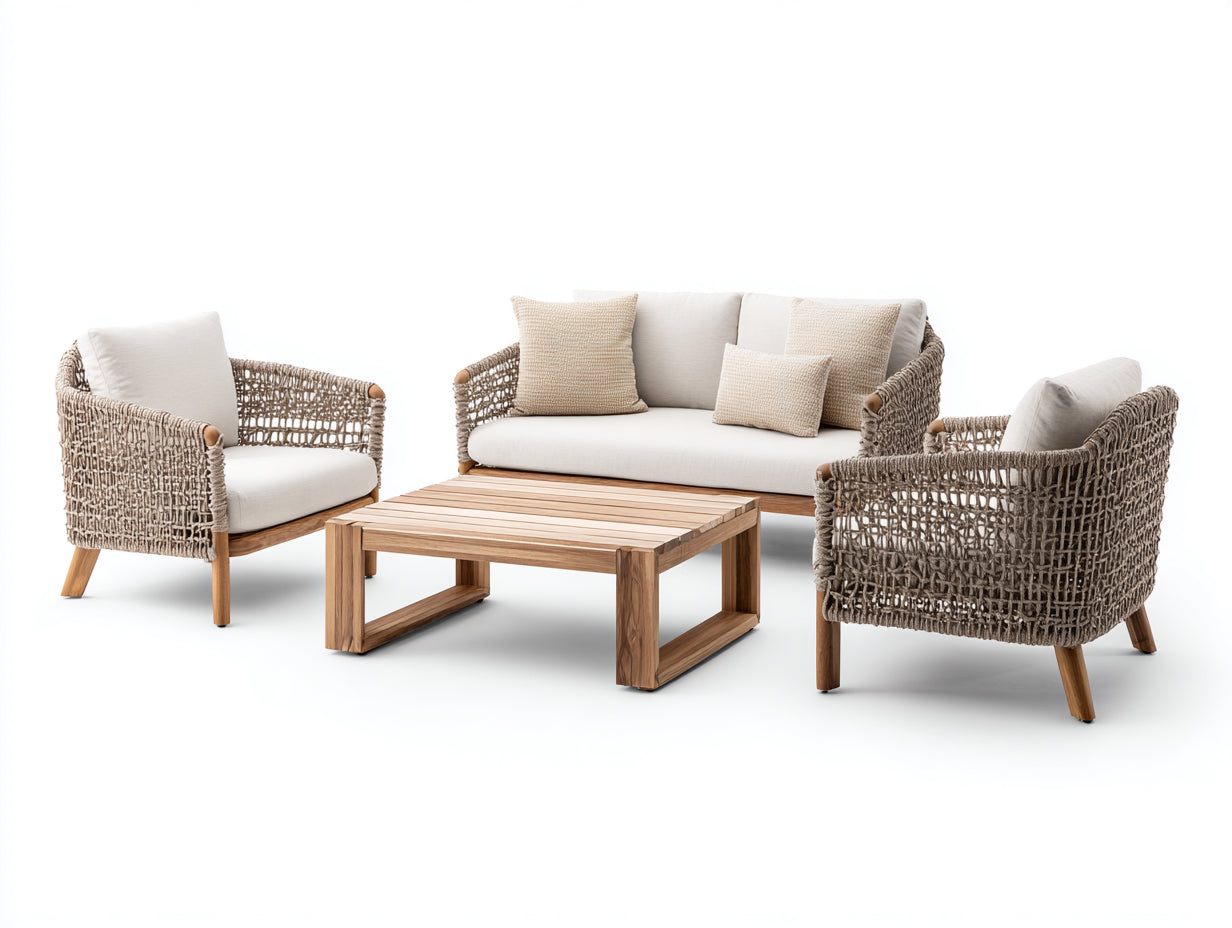 Divani da esterno - Legno-corda-tessuto - 168 x 80 x 78 cm - Beige-tortora-marrone naturale - Stile contemporaneo