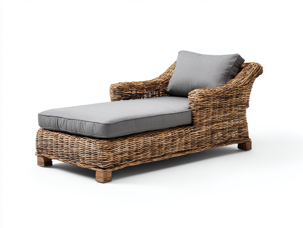 Lettino prendisole - rattan-legno-tessuto - 178 x 85 x 82 cm - grigio-marrone naturale - stile rustico con braccioli curvi